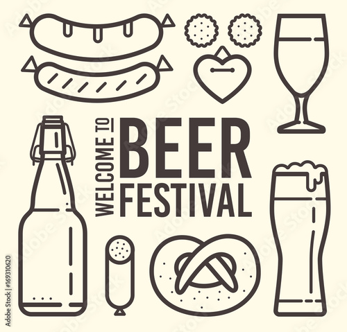 Contour of icons on theme of beer festival: beer mug, sausages, pretzel, bavarian hat, accordion, gingerbread. Welcome to Beer Festival