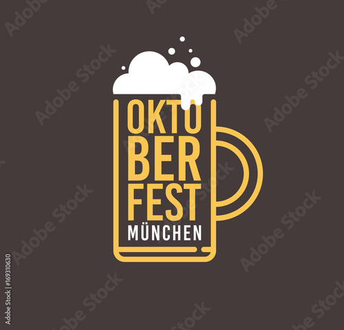 Beer mug with foam and name of autumn festival, Oktoberfest in Munich.