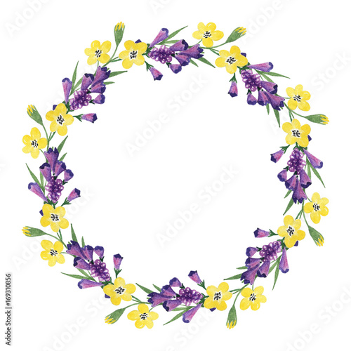 Floral wreath with yellow and purple flowers. Watercolor hand drawn