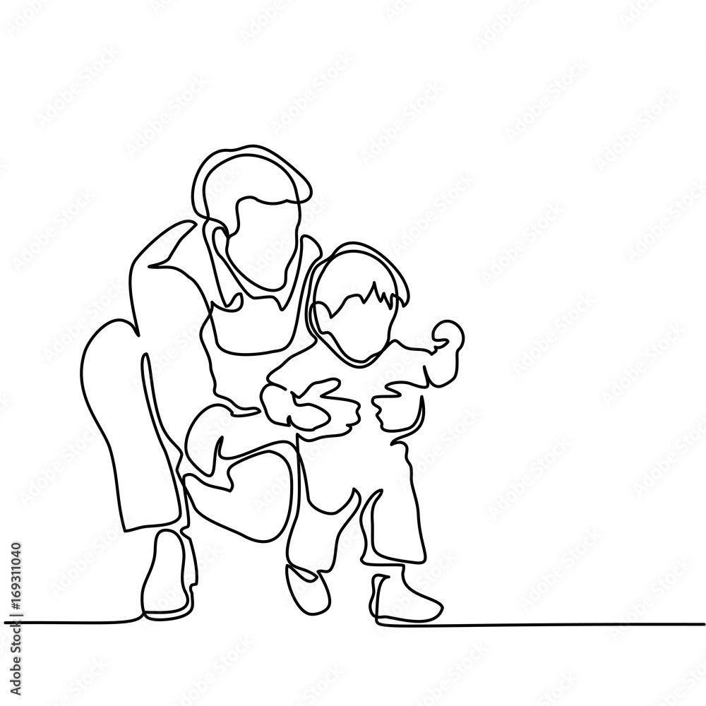 Father and son baby beginning to walk. Continuous line drawing. Vector silhouette Father and son baby beginning to walk. Continuous line drawing. Vector silhouette