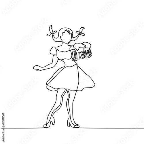 Continuous line drawing. Oktoberfest girl with beer. Vector illustration
