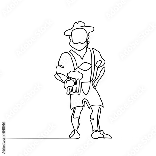 Continuous line drawing. Oktoberfest man with beer. Vector illustration