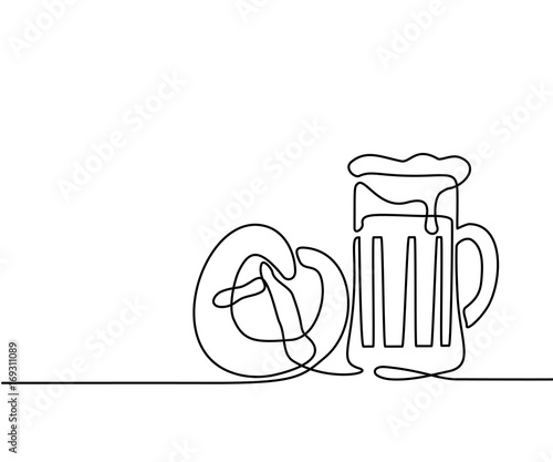 Continuous line drawing. Oktoberfest Beer mug and pretzel. Vector illustration