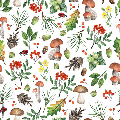 Wallpaper Mural Seamless white pattern with mushrooms, nuts, leaves, acorns. Watercolor hand drawn Torontodigital.ca