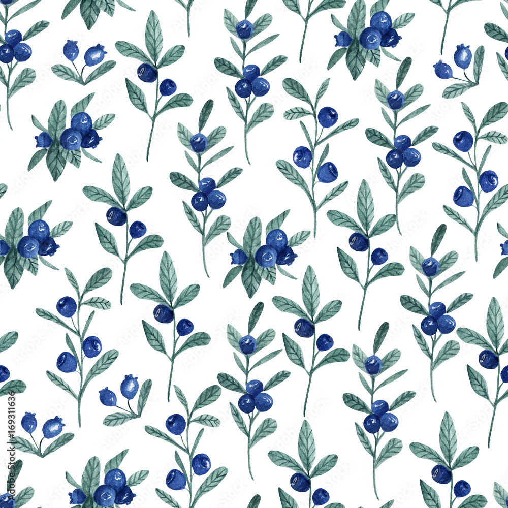 Seamless white pattern with blueberry. Watercolor hand drawn