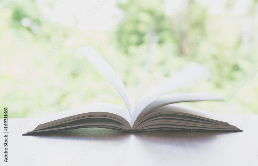 open book. Book, open, on old wooden table on nature background. open book. Book, open, on old wooden table on nature background.