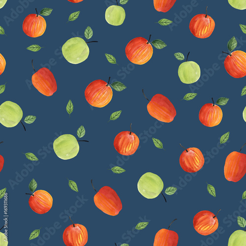 Seamless blue pattern with ripe apples. Watercolor hand drawn