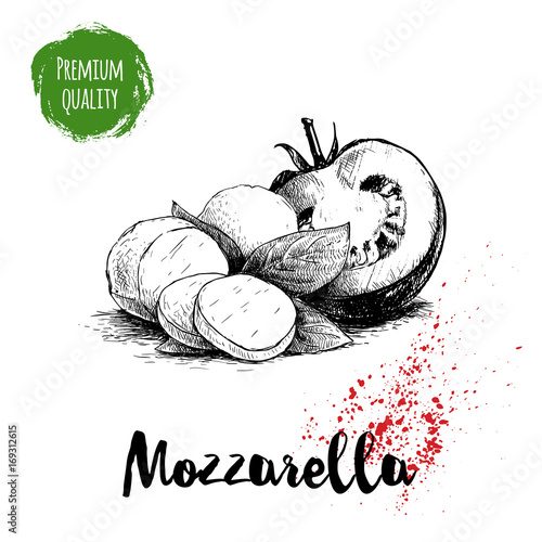 Hand drawn sketch style mozzarella cheese with basil leafs and half of tomato. Caprese salad ingredients. Vector organic food illustration poster. Quality italian product.