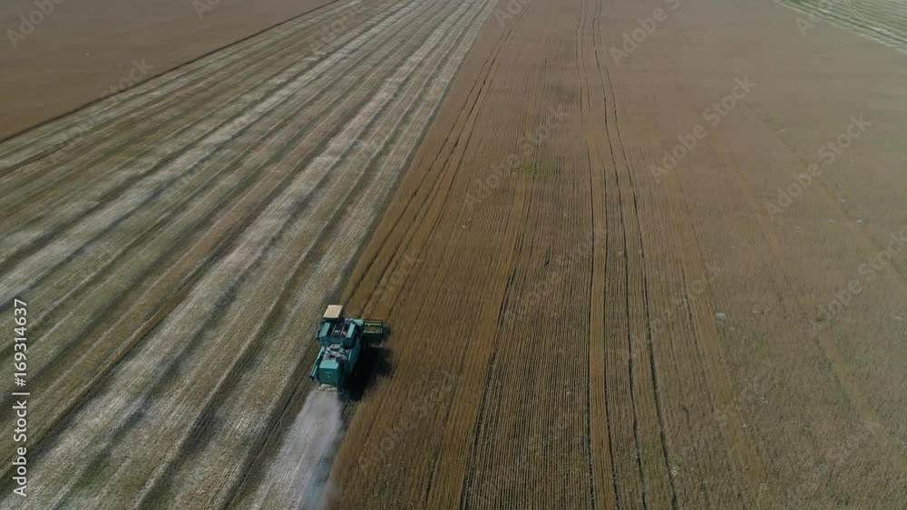 Harvesting the wheat field with agricultural machinery. Aerial photography with a drone Harvesting the wheat field with agricultural machinery. Aerial photography with a drone