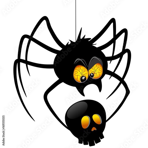 Halloween Spider Cartoon holding Black Skull 