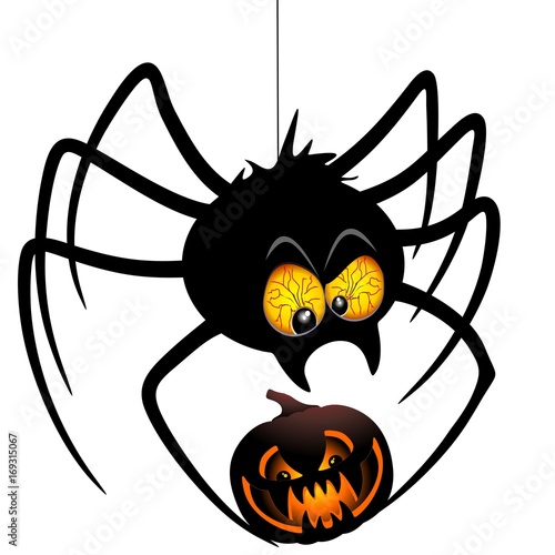 Halloween Spider Cartoon holding a Pumpkin
