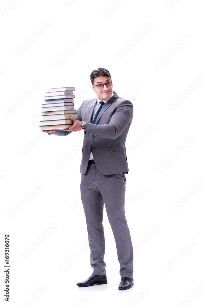 Businessman student carrying holding pile of books isolated on w Businessman student carrying holding pile of books isolated on w