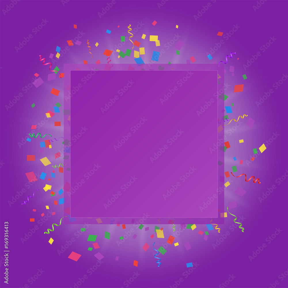 A square banner on a purple background with colored confetti and ribbons. Vector illustration A square banner on a purple background with colored confetti and ribbons. Vector illustration