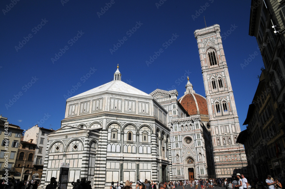 The Cathedral of Santa Maria del Fiore with the Baptistery and the Giotto's bell tower in Florence. Italy.