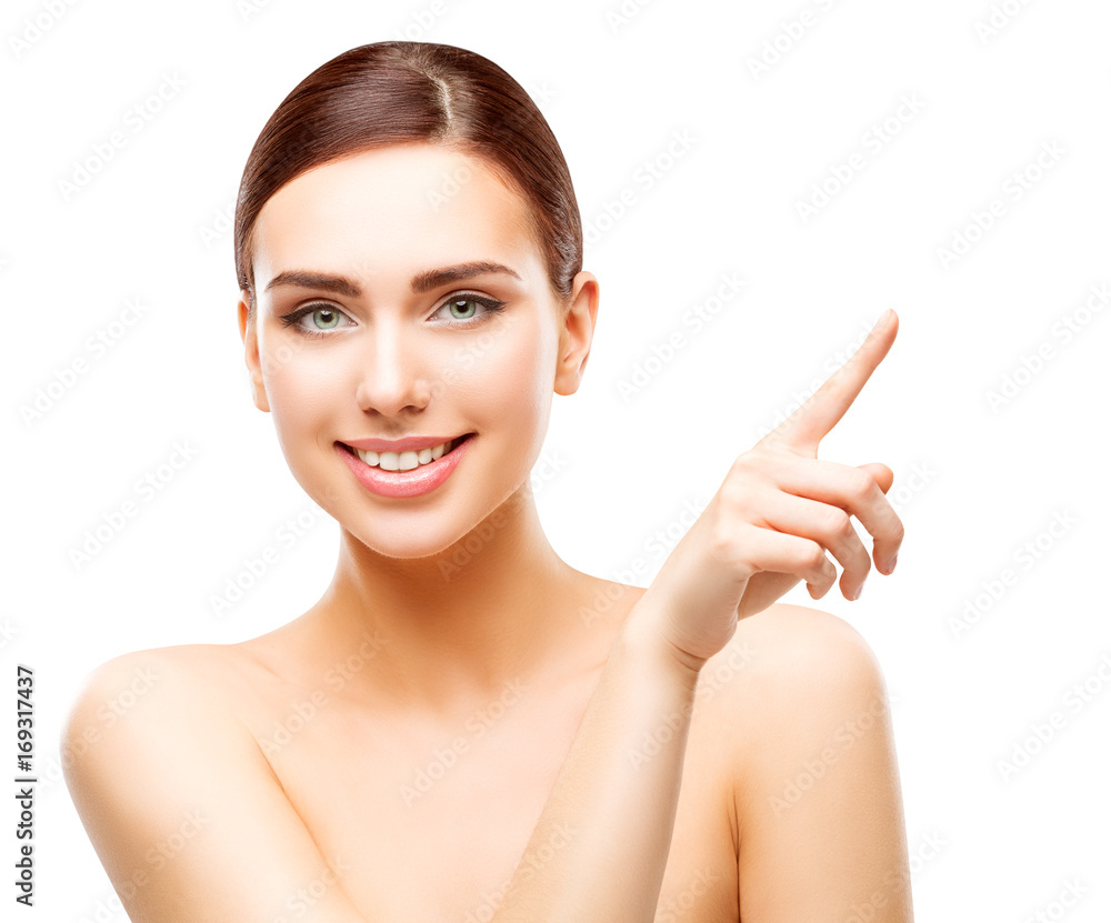 Happy Woman Pointing by Finger, Smiling Girl Beauty Face Makeup, Beautiful Model white isolated Happy Woman Pointing by Finger, Smiling Girl Beauty Face Makeup, Beautiful Model white isolated