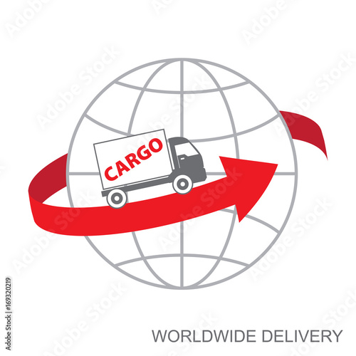 Worldwide delivery concept. Truck with cargo on the background of the globe. The red arrow goes around the globe. Stock vector. Flat design.