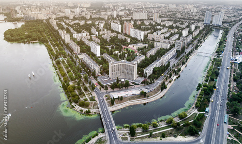 Panoramic view of the city of Kiev with the Dnieper River on the left bank. Aerial view of the residential district of Rusanivka photo