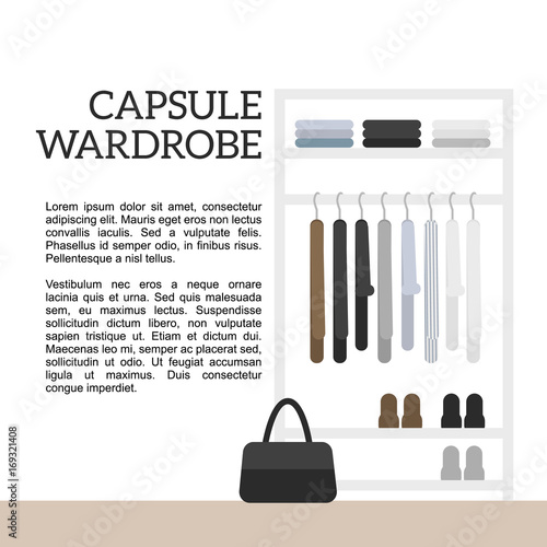 Vector illustration about capsule wardrobe. Modern flat picture of white cloth rack in minimalistic room with hand bag. Scandinavian design on white isolated background.