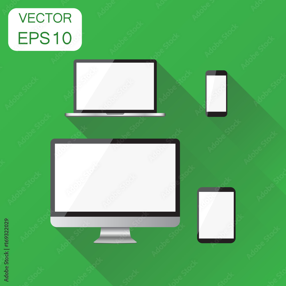Realistic device icon. Business concept smartphone, tablet, laptop and desktop computer pictogram. Vector illustration on green background with long shadow. Realistic device icon. Business concept smartphone, tablet, laptop and desktop computer pictogram. Vector illustration on green background with long shadow.