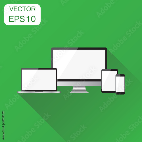 Realistic device icon. Business concept smartphone, tablet, laptop and desktop computer pictogram. Vector illustration on green background with long shadow.