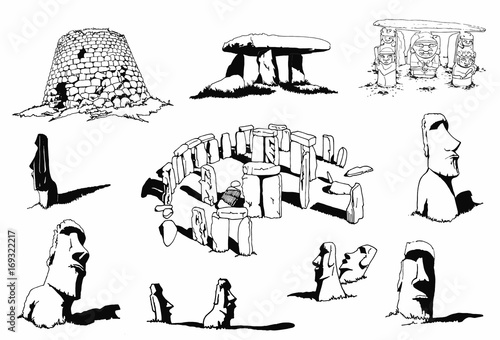 Graphical collection of dolmens and megaliths isolated on white background