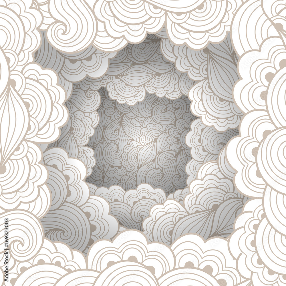 Abstract pattern with waves and floral motifs. Texture with volumetric doodle elements. Paper art background in doodle style. Vector 3d illustration. Abstract ornate art
