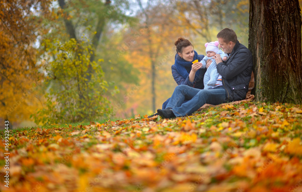happy family walks in the autumn park, the father holds the kid on hands and considers the fallen-down leaves happy family walks in the autumn park, the father holds the kid on hands and considers the fallen-down leaves