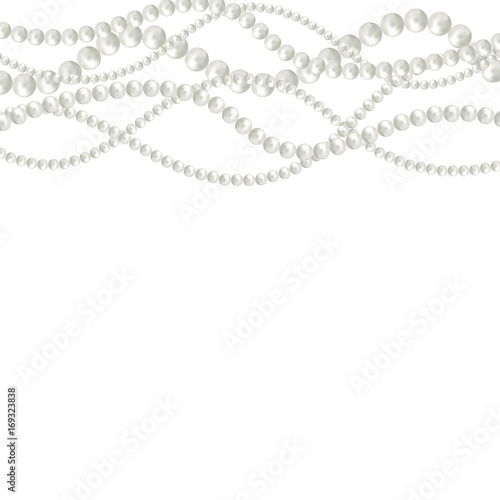 Vector background with realistic 3D shiny natural white pearl garlands. Pearl beads. Set for Celebratory Design, Christmas decorations. Wedding theme. Vector Illustration.