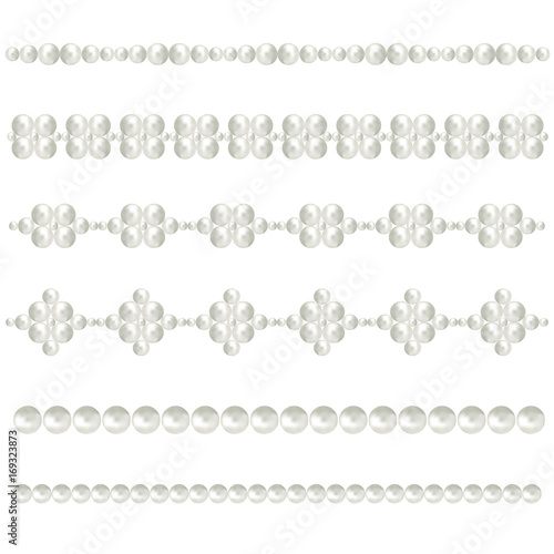 White pearl borders. Vector bride pearls vintage accessories necklace patterns isolated on white. Elegant luxury decoration feminine with pearl bead illustration