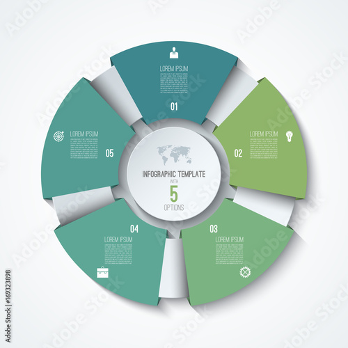 Circle infographic template. Process wheel. Vector pie chart. Business concept with 5 options, parts, steps. Can be used for diagram, graph, chart, step by step infographics, web design