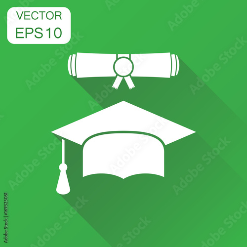 Graduation cap and diploma scroll icon. Business concept finish education pictogram. Vector illustration on green background with long shadow.