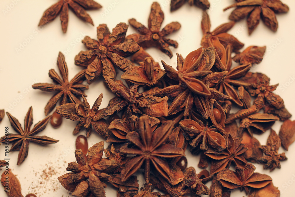 Pile of star anise fruits and seeds