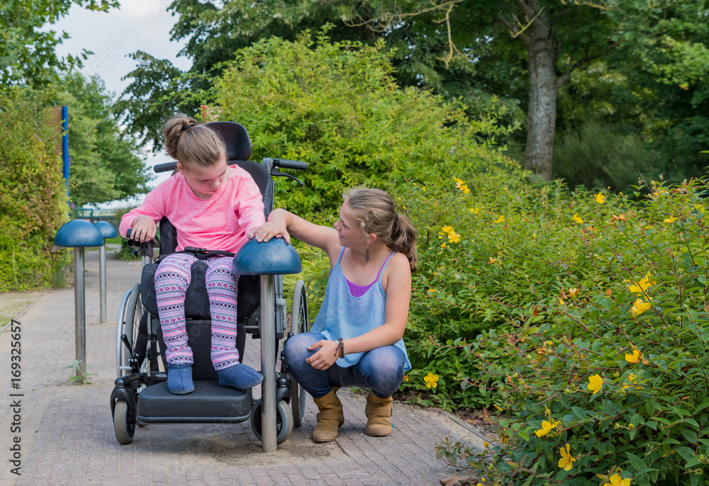 Disability a disabled girl in a wheelchair relaxing outside together with her sister Disability a disabled girl in a wheelchair relaxing outside together with her sister