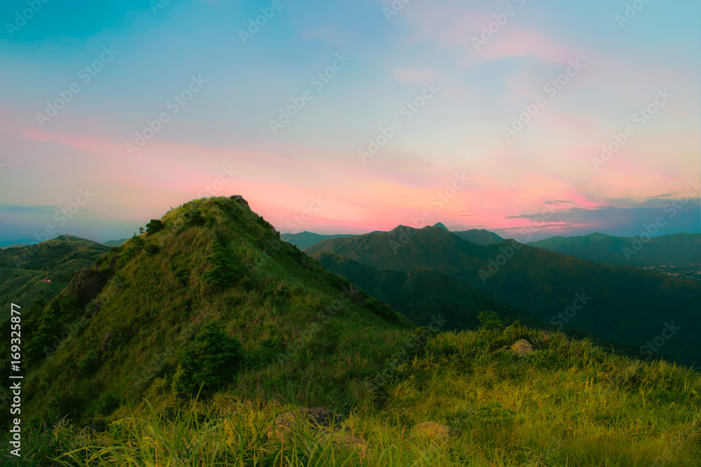 Fototapeta premium Mountain valley during sunset. Natural summer landscape in hong kong