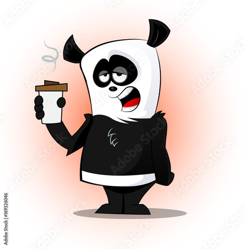 Cute cartoon sleepy panda with cup of coffee