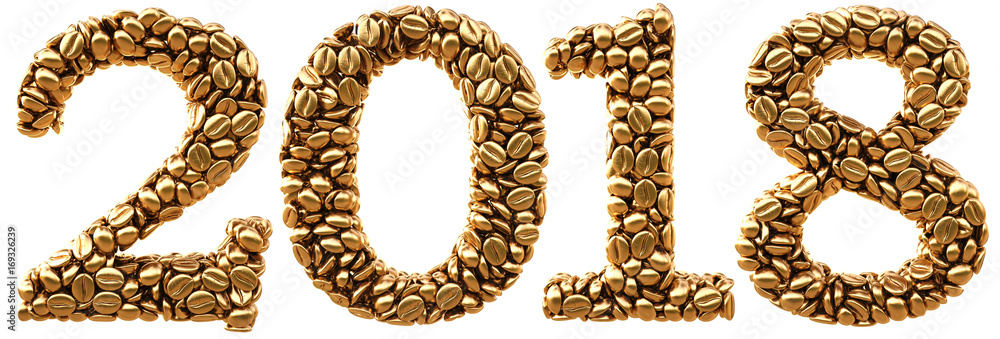 new 2018 year from gold coffee beans. isolated on white. 3D illustration new 2018 year from gold coffee beans. isolated on white. 3D illustration