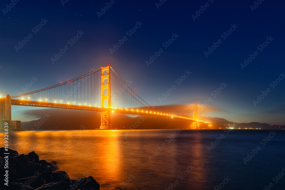 Panorama photo of Golden Gate Bridge at night time, San Francisco