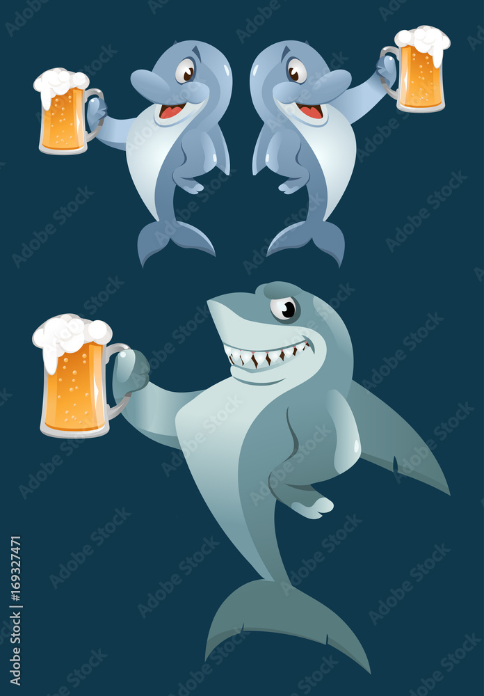 Obraz premium A shark and a pair of dolphins giving a toast with a mug of beer. Oktoberfest Party or just a weekend. Cartoon styled vector illustration. Elements is grouped. On dark background 