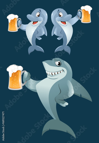 A shark and a pair of dolphins giving a toast with a mug of beer. Oktoberfest Party or just a weekend. Cartoon styled vector illustration. Elements is grouped. On dark background 