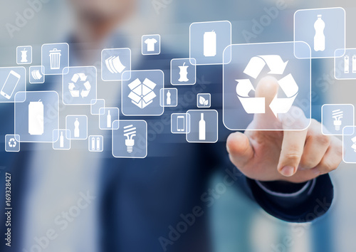 Recyclable waste materials sorting management on virtual computer screen, person