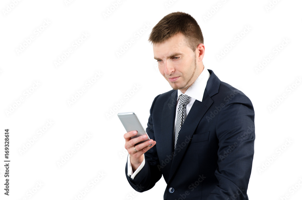 Man using smart phone on white background Man using smart phone on white background