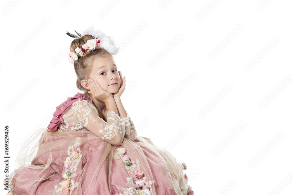 Little princess waiting for her prince on the white horse. Isolated Little princess waiting for her prince on the white horse. Isolated