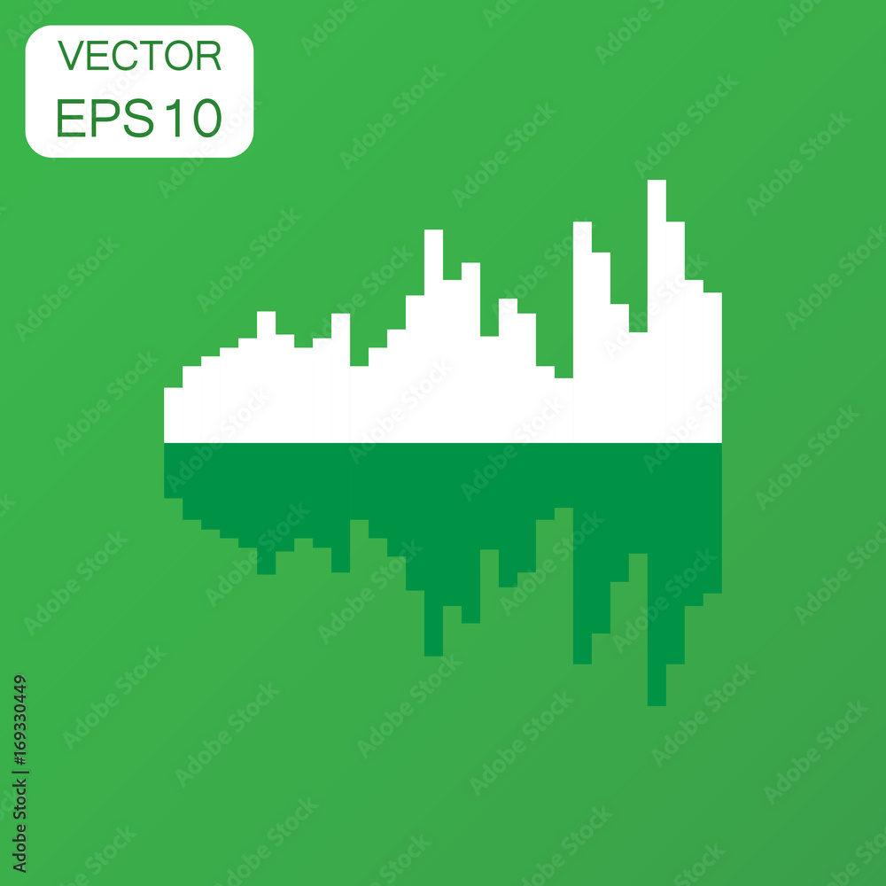 Vector sound waveform icon. Business concept Sound waves and musical pulse pictogram. Vector illustration on green background with long shadow.