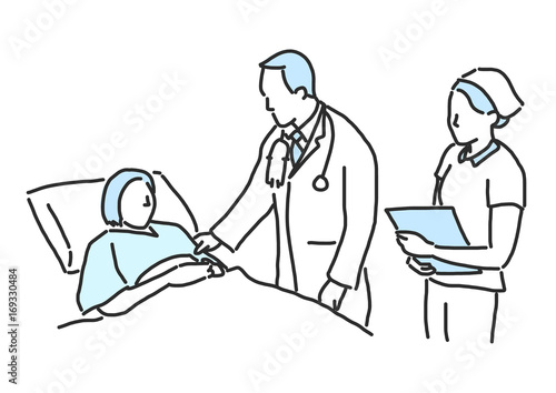 A doctor is giving treatment to a patient. line drawing. hand drawn. vector illustration.