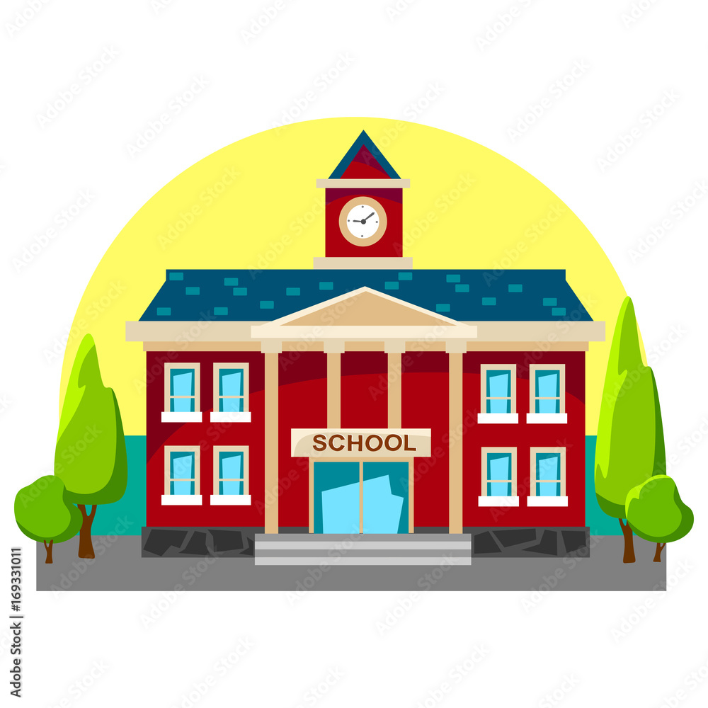 modern school buildings exterior, student city concept, elementary school facade urban street background, icon vector illustration