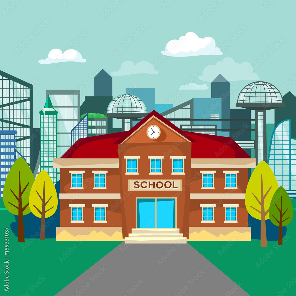 modern school buildings exterior, student city concept, elementary school facade urban street background, icon vector illustration