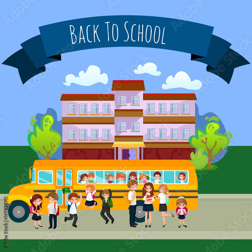 Back to school set of pictographs, childrens life newspaper and library, boys basketball girls cheerleader team, teacher with pupils at class, professor lecture college, building vector illustration