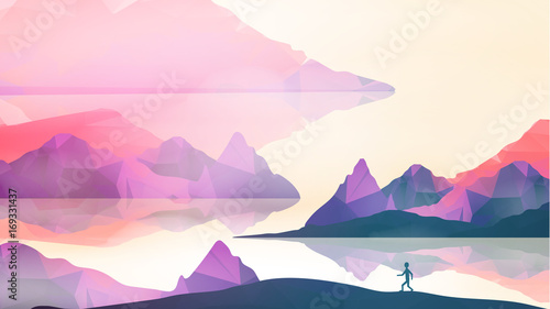 Fototapeta Naklejka Na Ścianę i Meble -  Runner on Geometric Mountain Background - Vector Illustration.