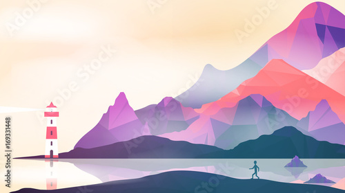 Lighthouse on Island with Navigation Light - Vector Illustration