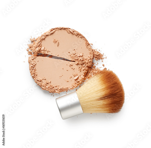 Face powder and brush isolated on white background